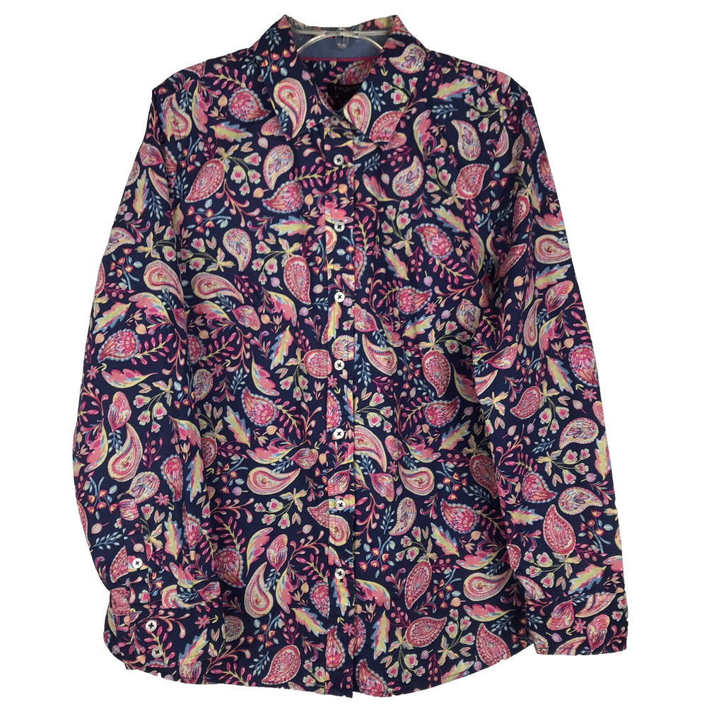 Talbots Petites Paisley Button Up Top Navy Blue Pink Cotton Petite Medium